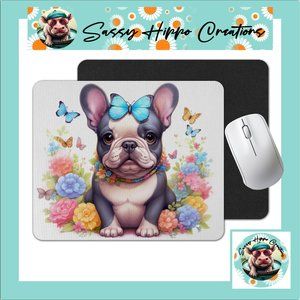 Mouse Pad French Bulldog Puppy Dog Butterflies Flowers Sublimated Anti Slip Back